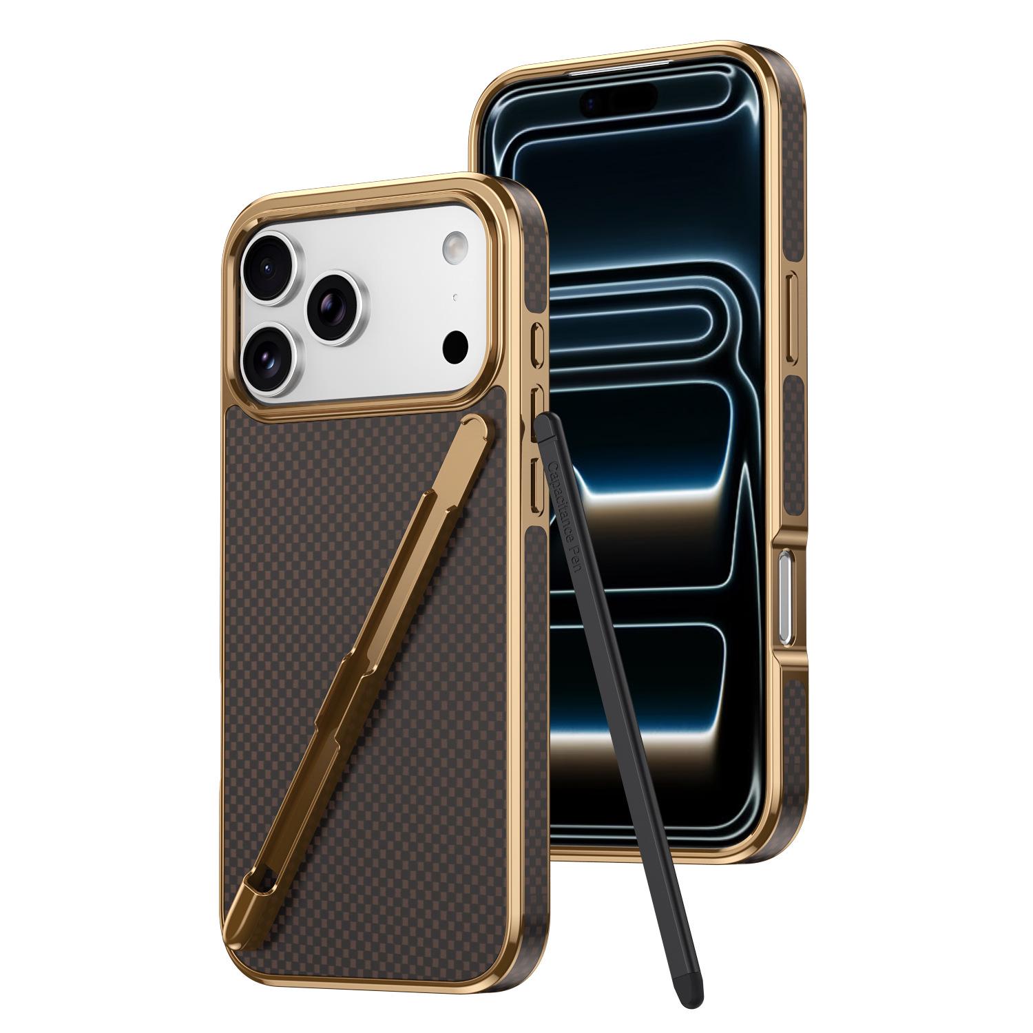 

Клетчатая наклейка с перекрестным расположением для iPhone 17 Pro Max Электрооцинкованный чехол со слотом для стилуса для Apple 16 Интегрированный чехол iPhone 17 Pro (no pen) коричневый