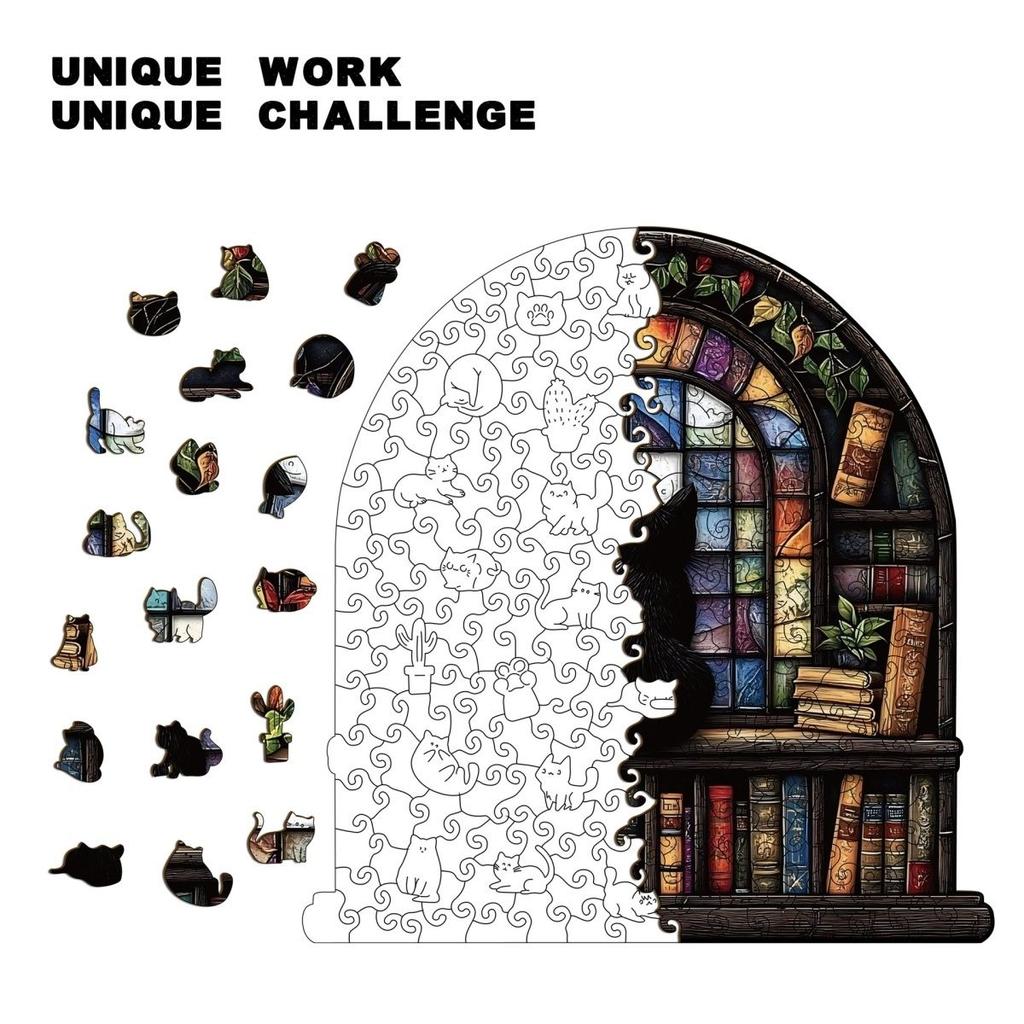 Window Cat Wooden Jigsaw Puzzle, Church Cat Art, Irregular Shaped Pieces, Adult Brain Teaser Stress Relief Game, Unique Wooden Puzzle Gift, DIY