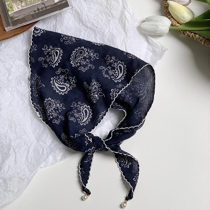 Triangle Scarf Scarf Female Retro Literary Floral Cotton and Linen Neck Protector Decorative Pearl Small Pendant Small Scarf Headband
