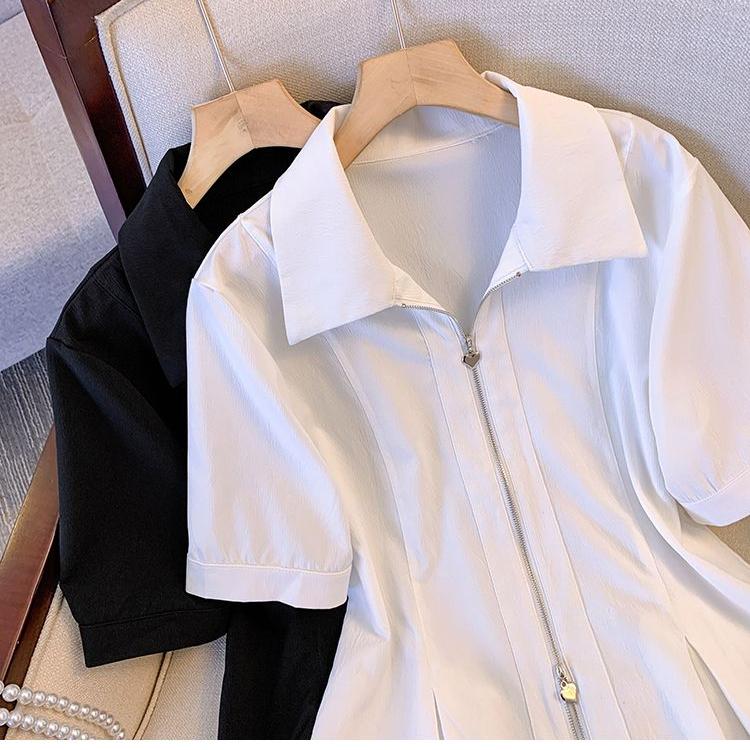 Plus Size Double Zipper Square Collar Structured Shoulder Short Sleeve Top Elegant Waist Slimming Shirt For Curvy Women Summer