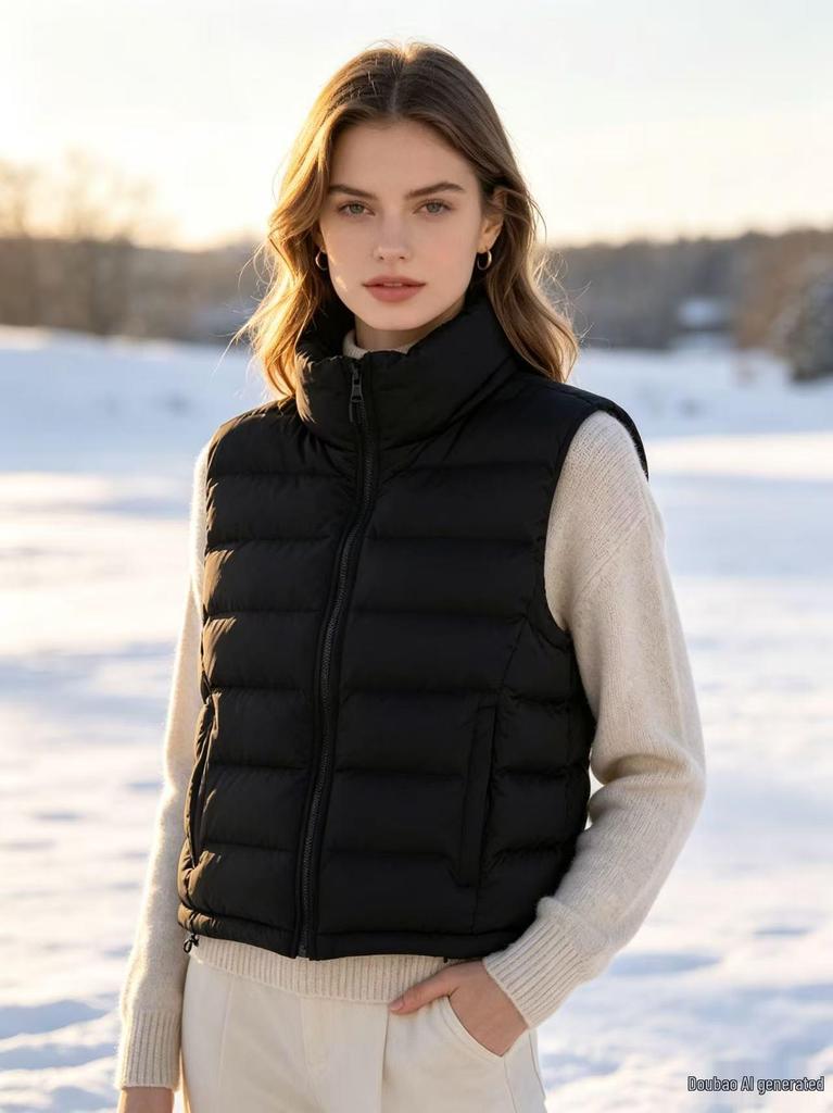Lightweight Down Cotton Sleeveless Vest - Short Style, Stand Collar, Autumn/Winter Korean Design