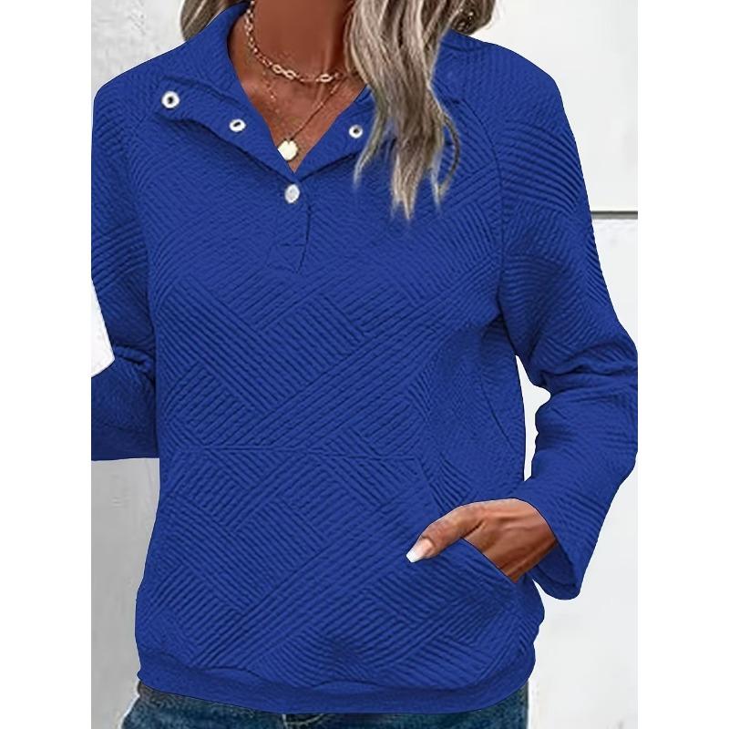 Buttoned Collar Long Sleeve Solid Texture Casual Women S Sweatshirt