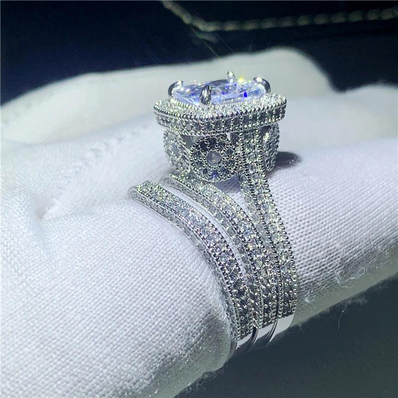 Joyería de Moda Vintage Set de 3 Anillos 925 Plata de Ley Forma Cojín Blanco Transparente Circonita Cúbica 5A Anillo de Banda para Mujer Tallas 5-10