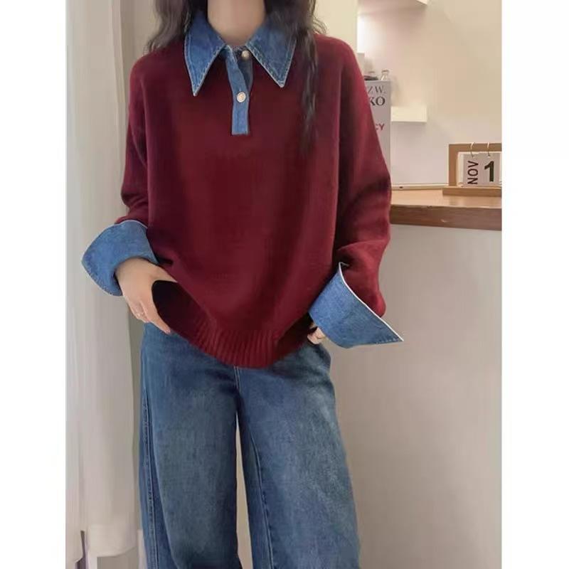 Cross-border Hot-selling Denim Sleeves Splicing Fake Two-piece Sweater Women's Autumn and Winter Women's Loose POLO Neck Knitted Sweater Women's