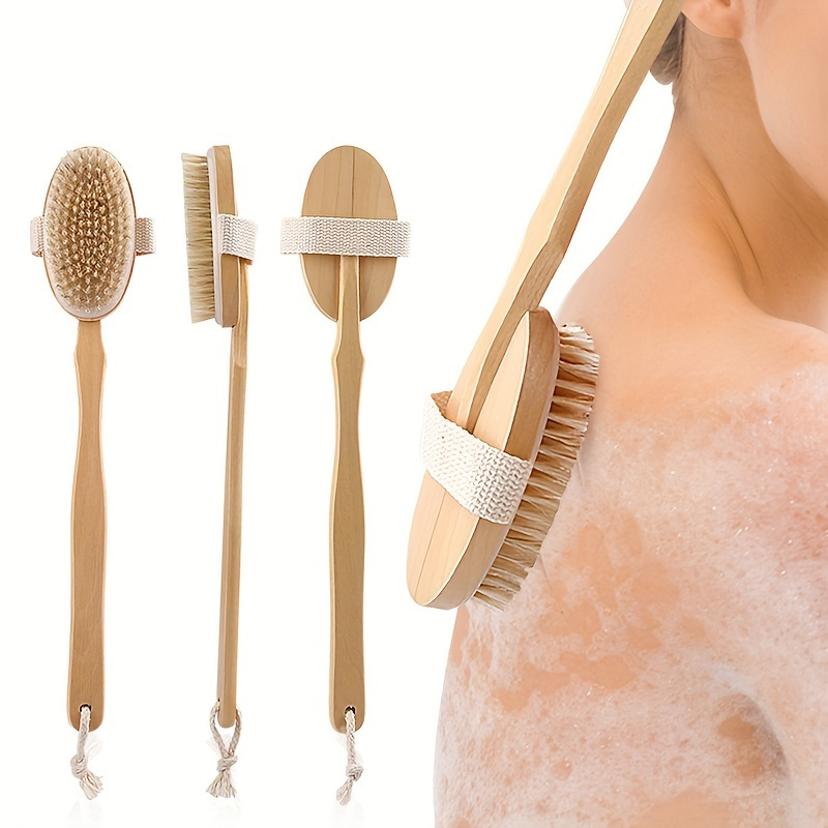 1 Pcs Long Handle Wooden Bath Brush Massage Brush Wooden Pig Bristle Scrub Bath Brush For Dry Skin Exfoliating And Body Massage