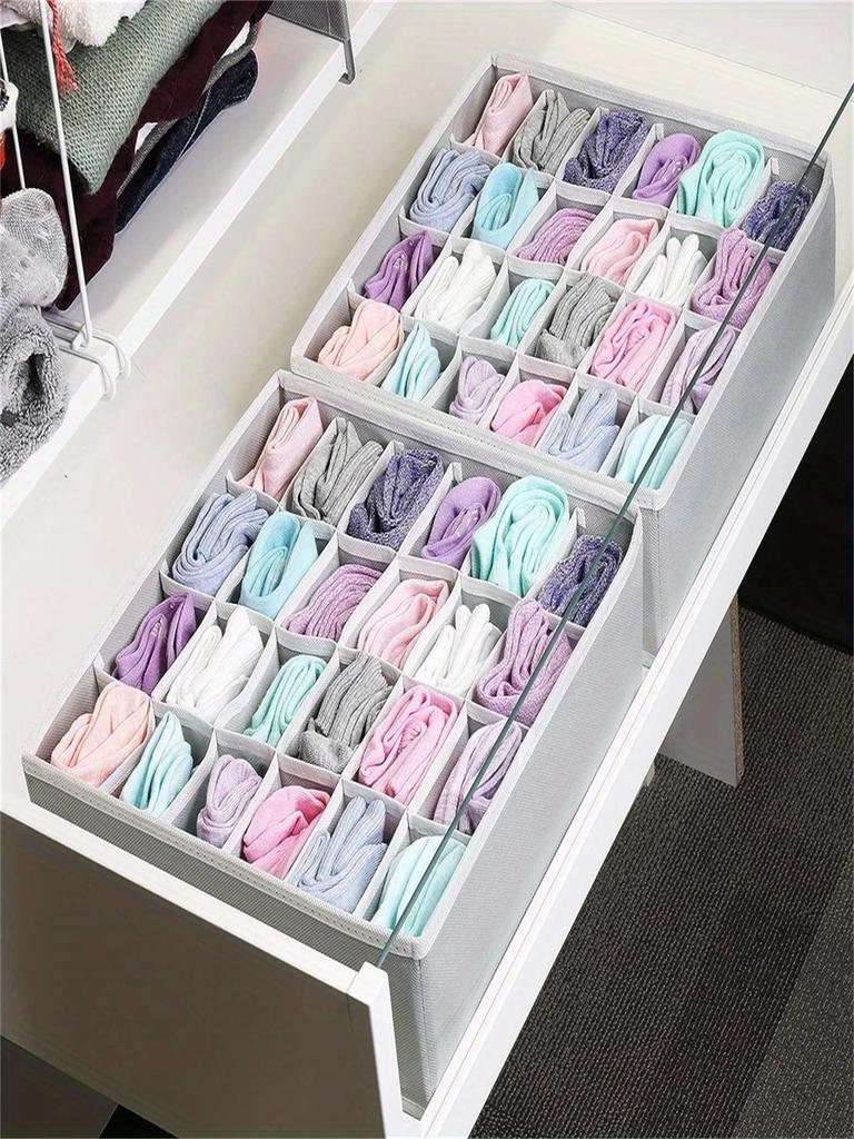 1 Piece Gray Fabric Storage Box with 24 Compartments - Foldable and Stackable Socks, Tie and Intimates Storage Box - Space-Saving Drawer Divider