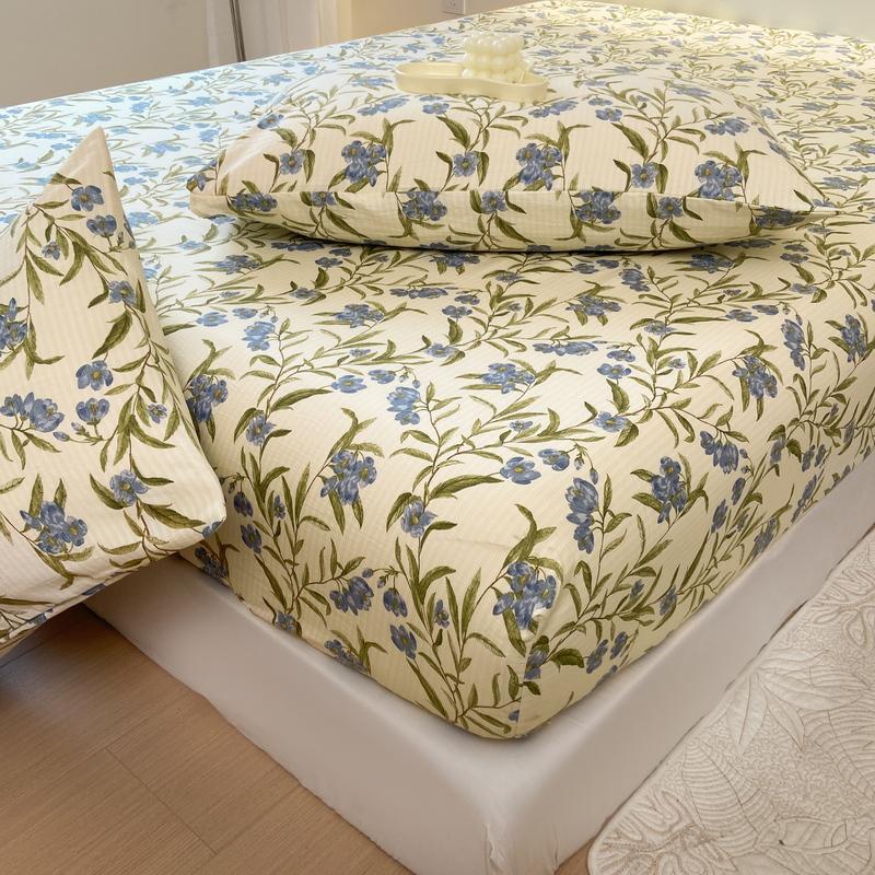 Washed Cotton Bed Sheet Fitted Sheet with Pillowcase Elastic Bands Non Slip Adjustable Mattress Cover for Double King Queen Bed