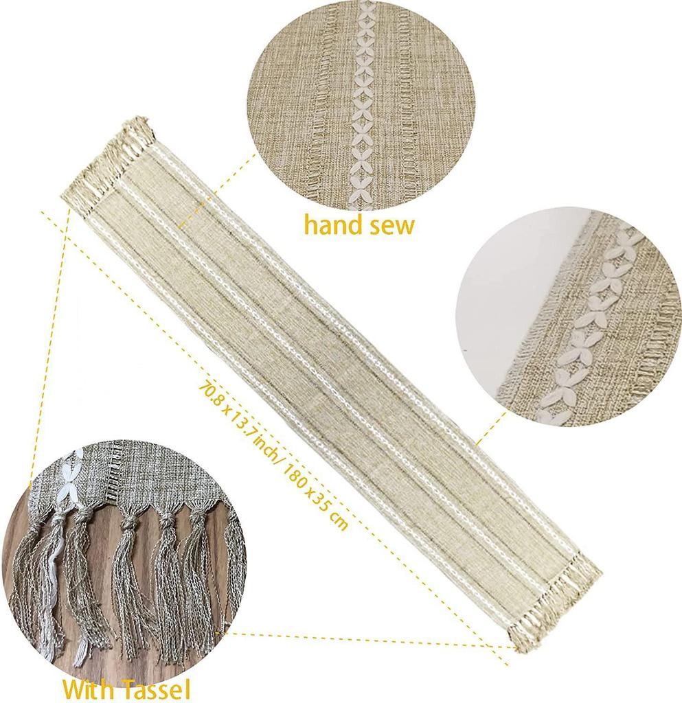 Vintage Tischläufer mit Quaste, Hochzeit, Zuhause, Tischdecke, Polsterstoff, handgewebt, Bauernhaus-Tischset aus Baumwolle und Leinen