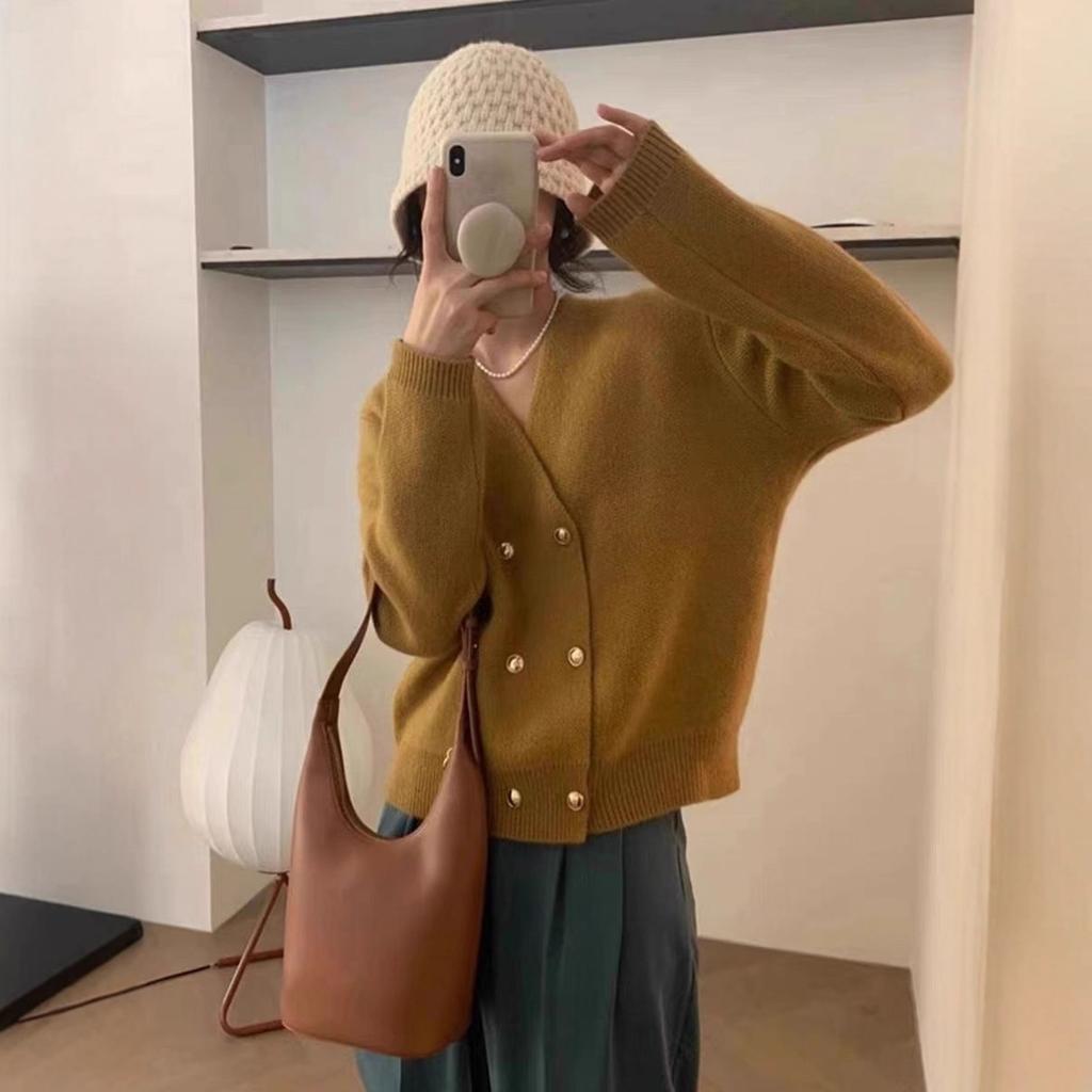 Spring and Autumn New Collar Knitted Cardigan Women's Casual Versatile Double-breasted Chic Sweater Jacket Trend