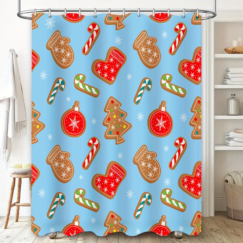 Christmas Shower Curtain Decorative Fabric Printing Waterproof Bathroom Shower Curtains with Gingerbread Man Cookie Candy Cane P