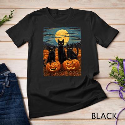 Czarny Kot Halloween Miłośnicy Kotów Gwieździsta Noc Kot Van Gogh Kot Unisex T-shirt