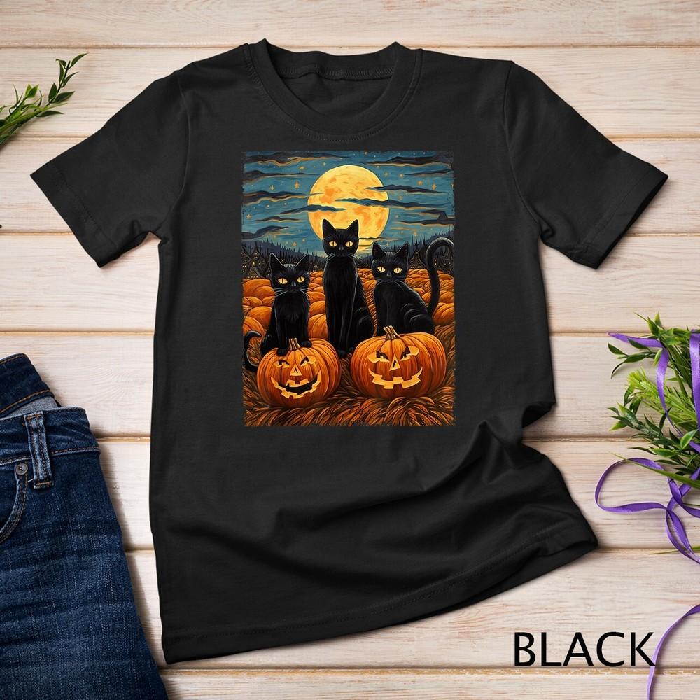 Black Cat Halloween Cat Lovers Starry Night Cat Van Gogh Cat Unisex T-shirt