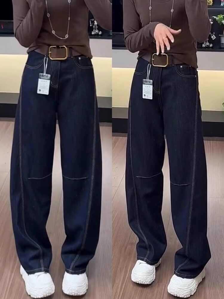 

Женские джинсы плюс-сайз темно-синие «Скимитар» - высокая посадка, осень/зима 2024, свободные, стройнящие, зауженные к низу, широкие брюки M темно-синий