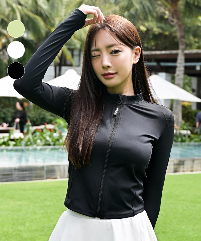 Helingbon Women'S Semi-Crop Zip-Up Fingerhole Rash Guard Swimsuit Top (3 Colors)/ Ri373W