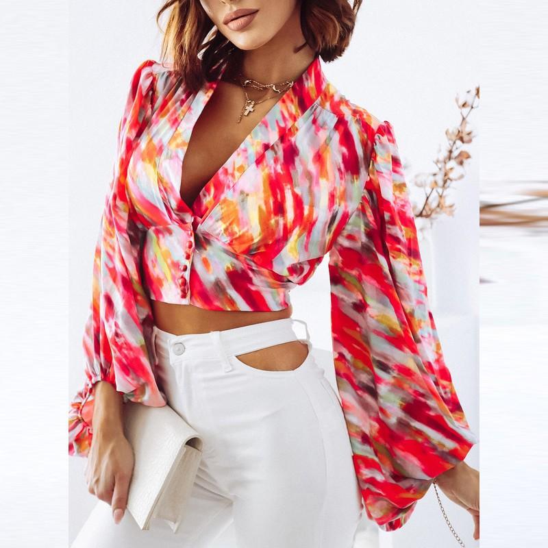 Spring and summer new women's clothing fashionable and sexy V-neck waist printed lantern sleeve shirt shirt