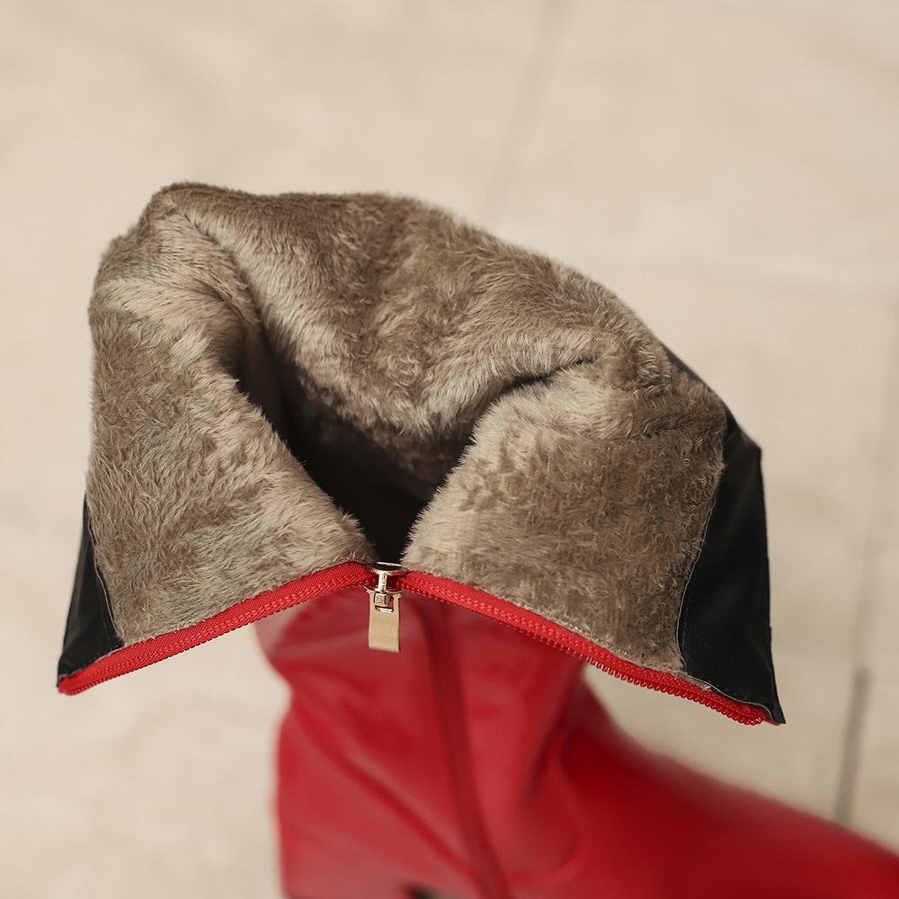 Red Black Women Knee High Boots Round Toe Mid Chunky Heels Small Big Size 32 46