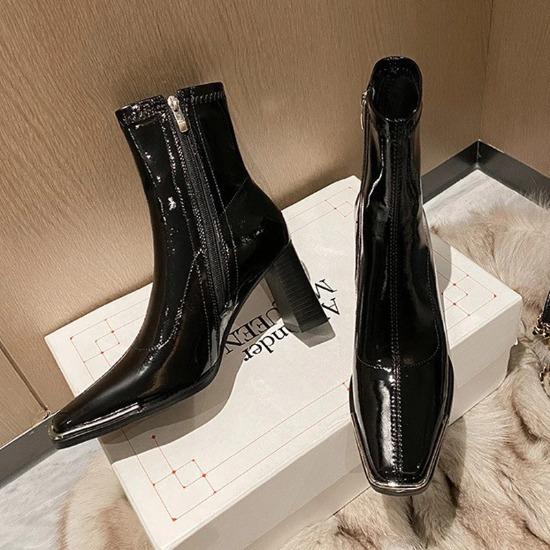 Square Metalic Toe Boots Woman  Shoes Winter Japanned Leather Chunky High Heels Ankle Botas Mujer Motorcycle Chelsea Booties