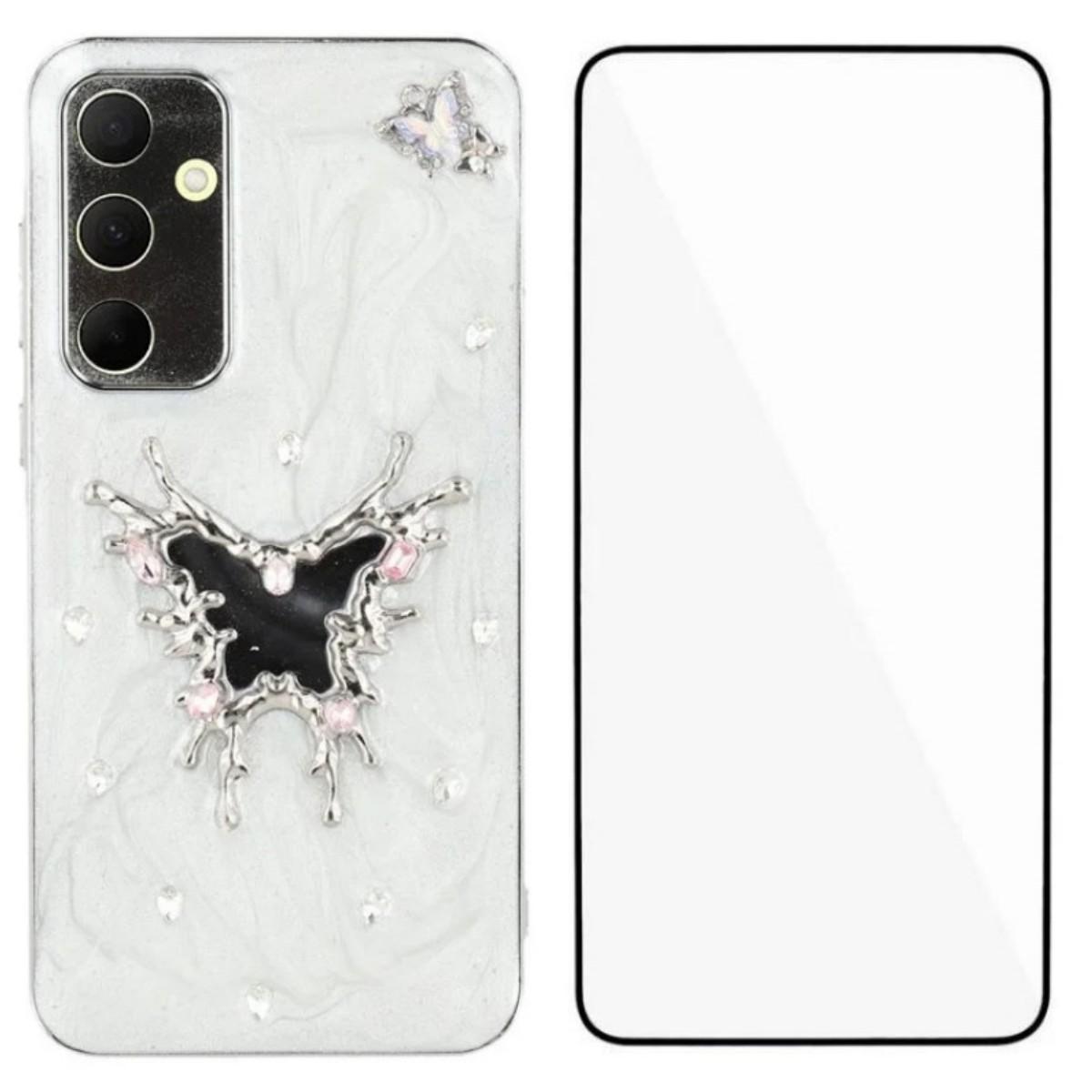 

For Samsung Galaxy A55 5G Case WANLONFENG Electroplated Epoxy TPU+Acrylic Phone Cover with Tempered Glass Big Butterfly