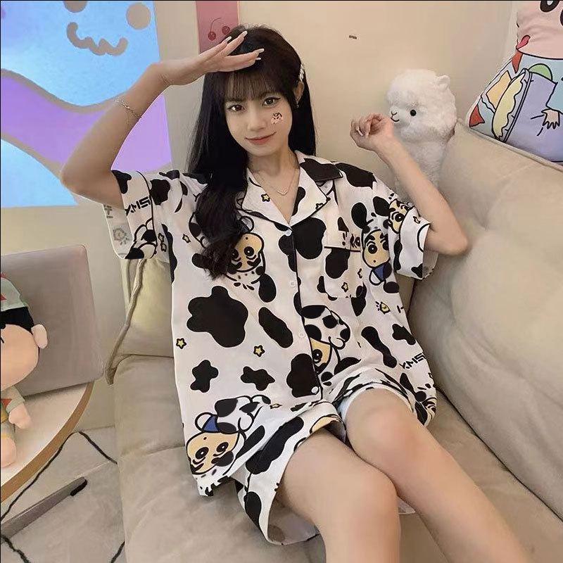 Pajamas Women's Summer Cow Crayon Small New Short-sleeved Shorts Cartoon Cute High-value Casual Style Loungewear Set