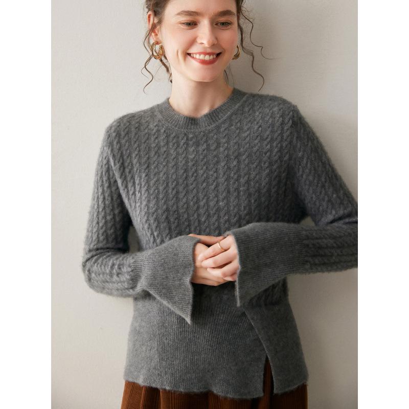 Women's Cashmere Round Neck Cable Knit Sweater - Thick, Loose Cuffs, Slit Design