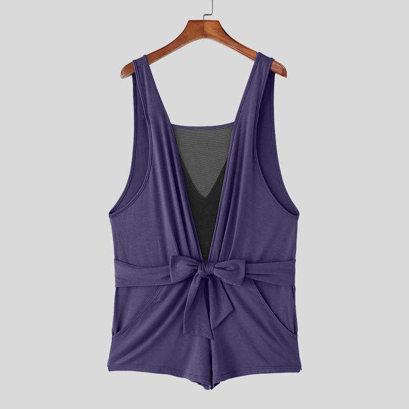 INCERUN Mens Deep V Mesh Patchwork Front Bow Short Jumpsuits Romper Bodysuits