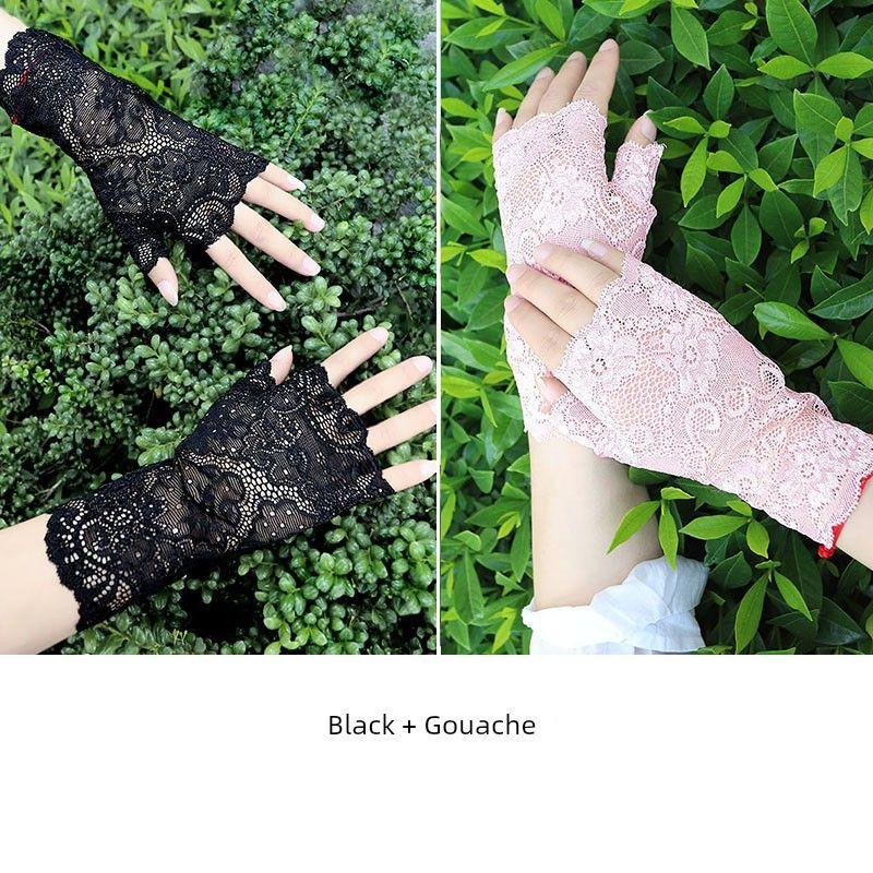 

Short Sunscreen Gloves Women s Breathable Ultra-Thin Lace Half Finger Lace half finger [black + Gouache] 2 pairs