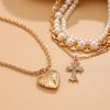Fashion Diamond-Encrusted Cross Peach Heart-Shaped Necklace, Simple Imitation Pearl Beaded Collarbone Necklace For Women