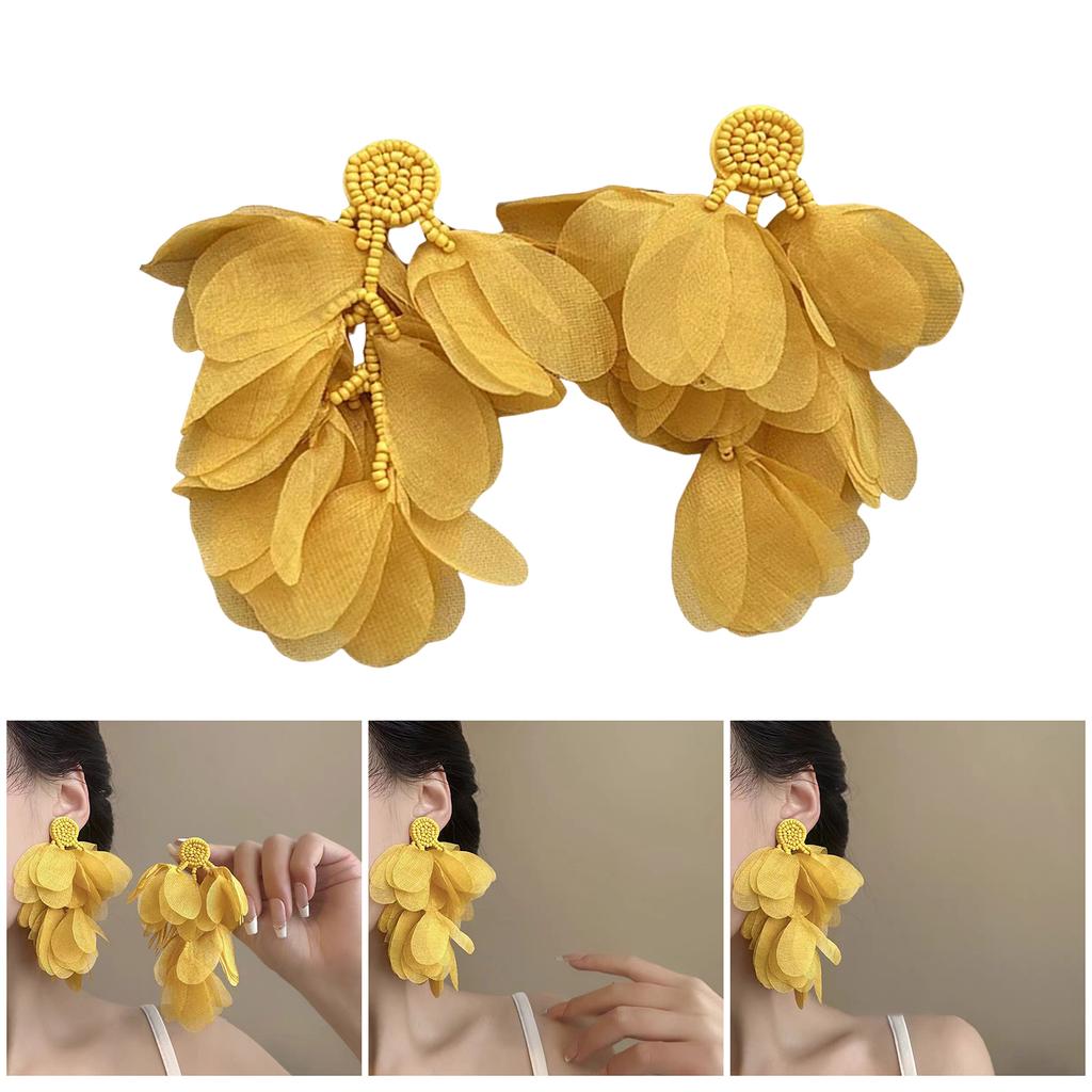 Retro Inspired Chiffon Flower Drop Earrings Colorful Beaded Ear Rings Handmade Retro Fashion Accessories for Women