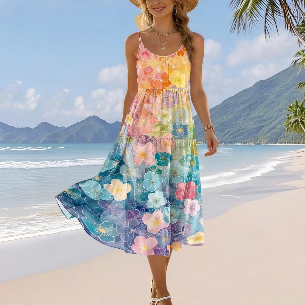 Ärmelloses Midi-Kleid mit Spaghettiträgern und Animal-Print für Damen Locker geschnittenes Sommer-Freizeitkleid für den täglichen Gebrauch