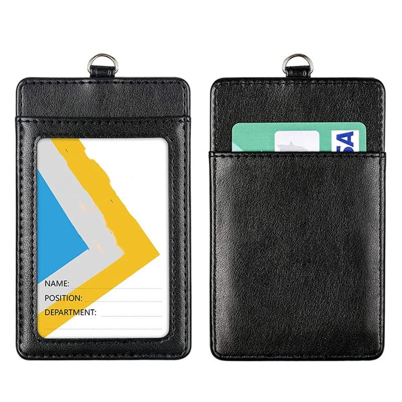 Women Men Black Card Wallet Retractable Key Chain Lanyard for Keys ID Card PU Leather Bus Pass Card Case Cover Badge Holder