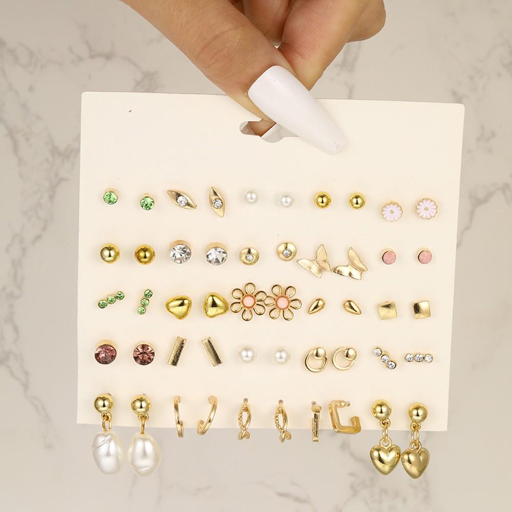 Kreatywny Zestaw Kolczyków: Kolczyki z kwiatami, sercami, motylami, białymi kamieniami i perłami