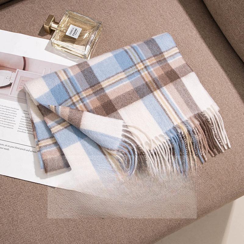 Cashmere Plaid Blue Scarf Narrow Version New Warm Soft and Waxy High End Scarf Women's Autumn and Winter Scarf