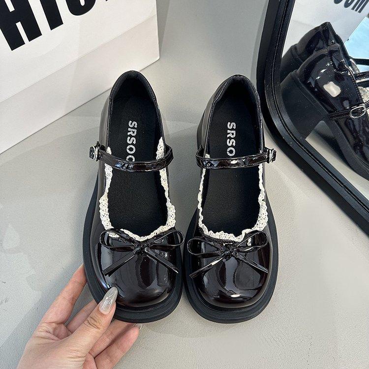 

French bow lace thick heel Mary Jane shoes women s 2025 new summer versatile light mouth British style small leather shoes 35