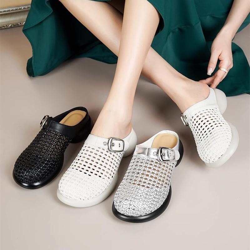 Fashion AIYUQI Women's Mules Slippers 2025 New Mid Heel Braided Closed Toe Women Slippers Summer Large Size Hollow Female Shoes