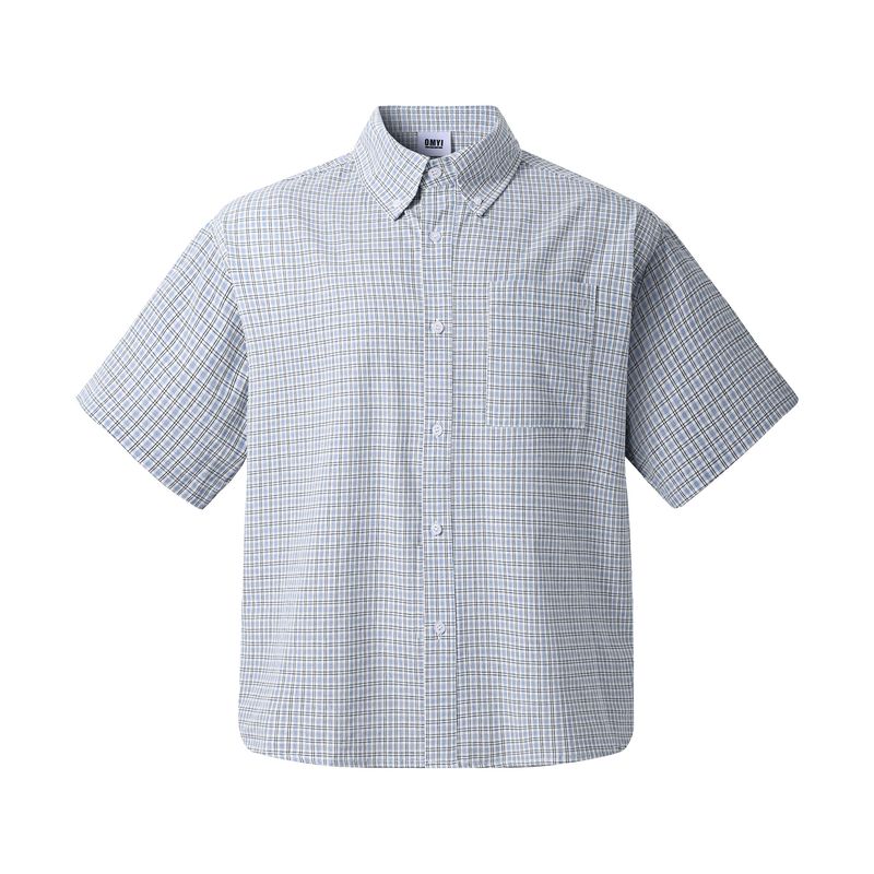 

Kisko American Retro Casual Plaid Versatile Short-Sleeve Shirt for Men and Women with a High-End Feel and Clean Fit Silhouette Blue grid XL