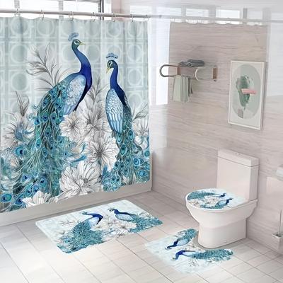 Ensemble de rideaux de douche paon de luxe, imperméable, antidérapant, pour salle de bain, tapis de salle de bain, couvercle de toilette, ensemble de 4 pièces