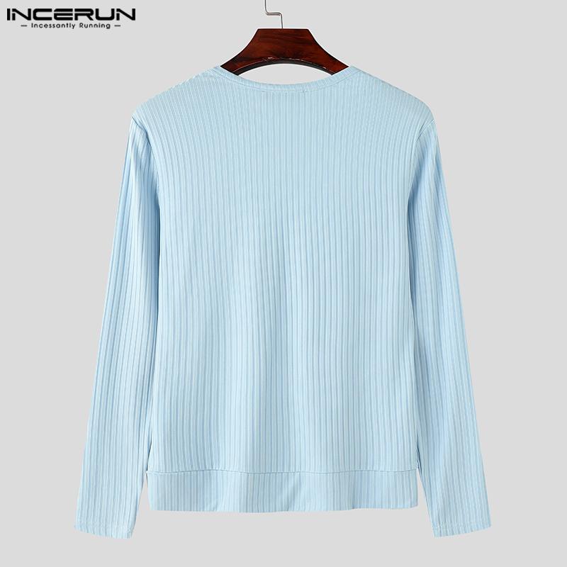 INCERUN Herren Tiefer V-Ausschnitt Langarm Gestrickte Unterhemden Lässige Patchwork Rippen Gestreifte Oberteile