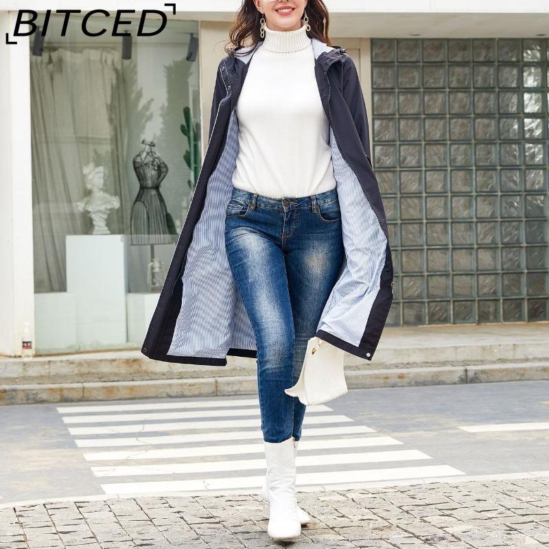 BITCED Spring/Fall Long-Sleeve Casual Trench Coat for Women Water-Resistant Hooded Solid-Color Top Striped Lining Straight-Cut Jacket
