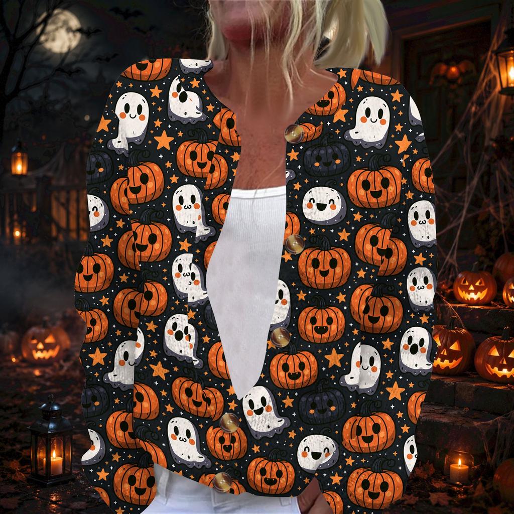 Damen Strickjacke mit langen Ärmeln und Halloween-Print, Knopfleiste vorne