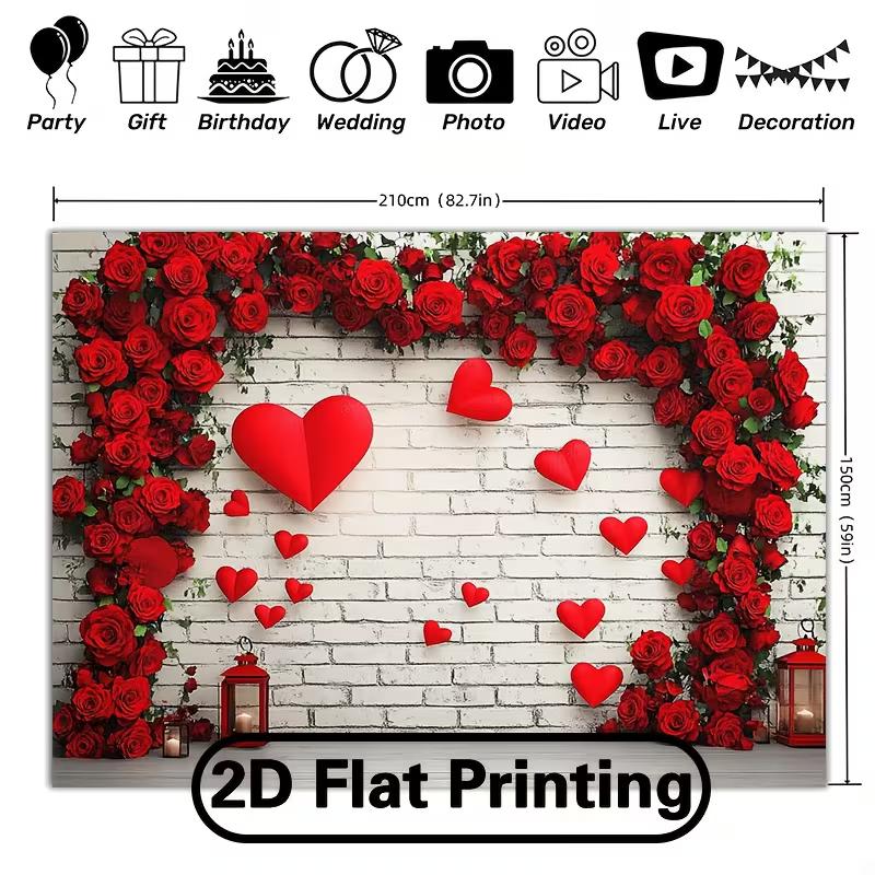 2D Red Rose Brick Wall Backdrop, Red Hearts & Lantern Photography Background Banner 47.2x31.5inch/120*80cm