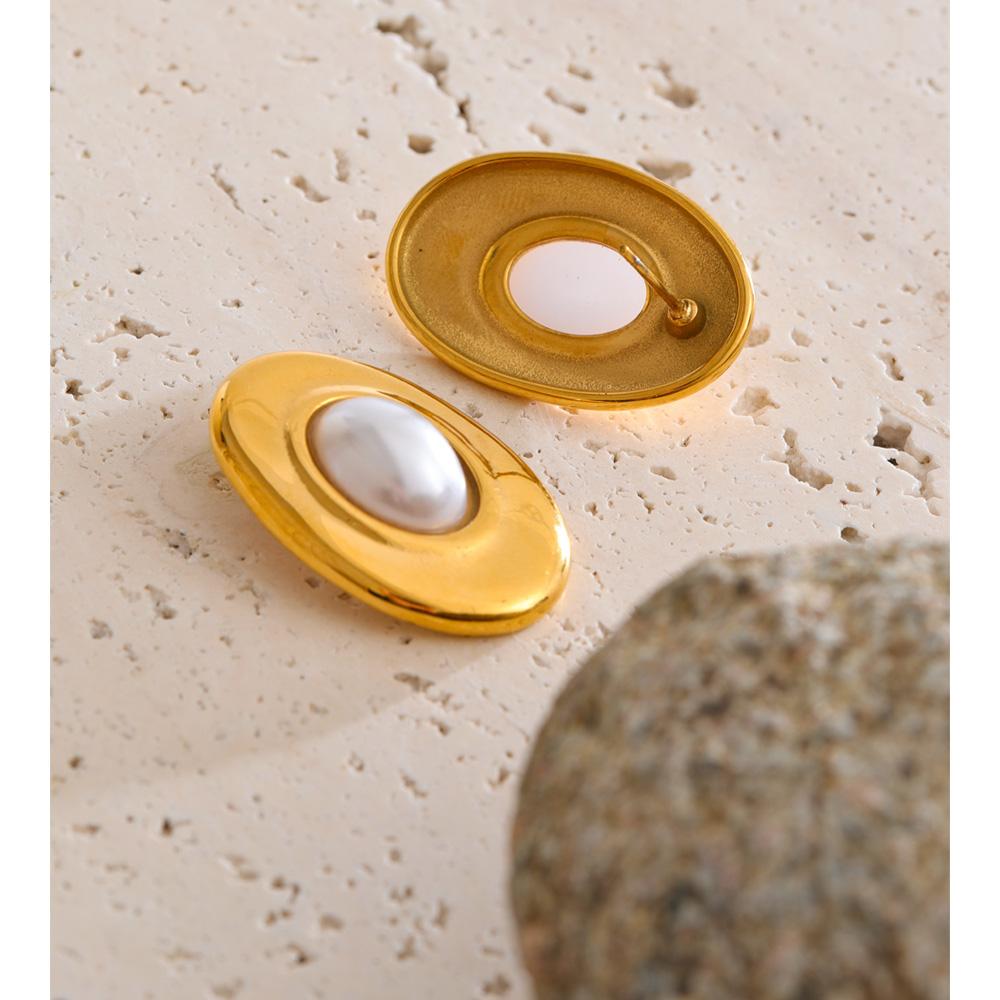Yhpup Elegance Simulated Pearls Oval Stud Earrings for Women Gold Color Stainless Steel Trendy Fashion Jewelry Accessories Gift