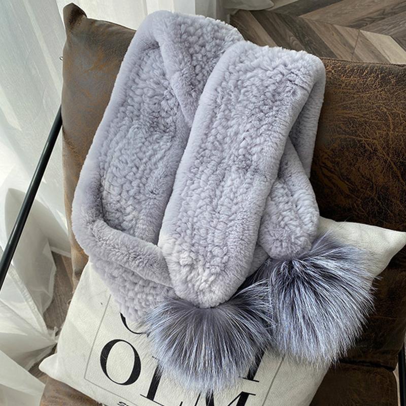 Luxury New Rex Rabbit Fur Long Scarf Mufflers Soft Thick Shawl Neck Ring for Women Silver Fox Fur Pompoms for Winter
