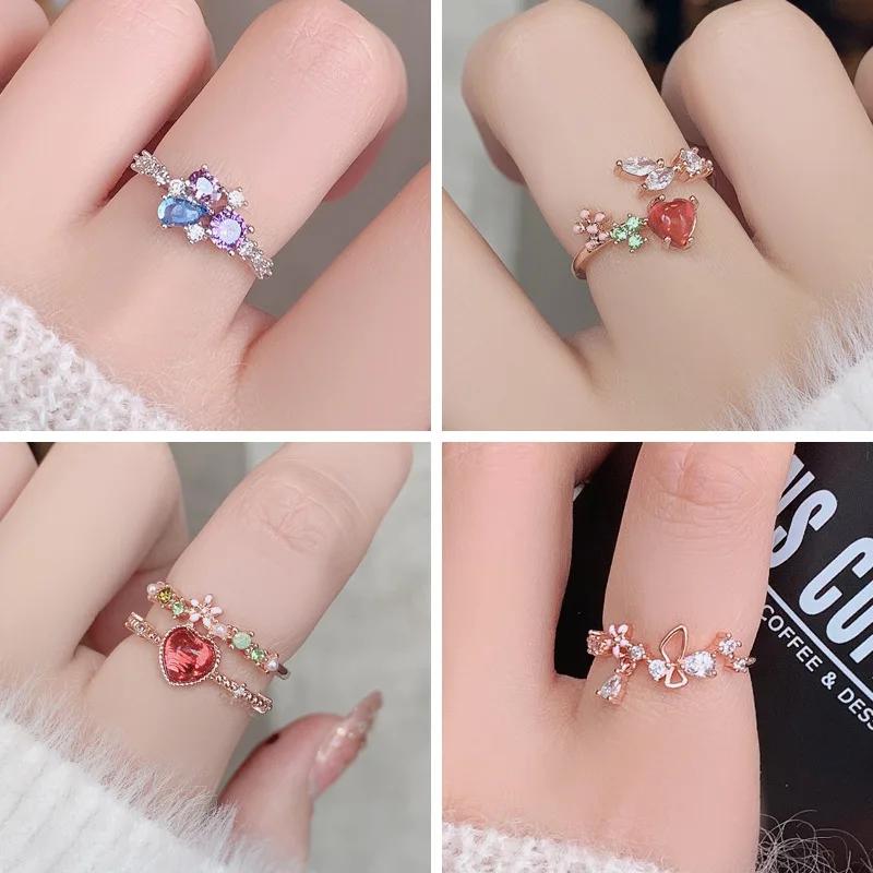 Korean New Exquisite Crystal Temperament Ring Sweet French Elegant Flower Opening Ring Female Jewelry