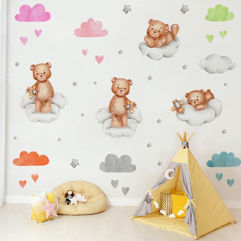 Wall Stickers Cartoon Bear Clouds Stars Hearts Kids Room Decor Nursery Wall Art Living Room Home Wall Decal Removable Wall Decor