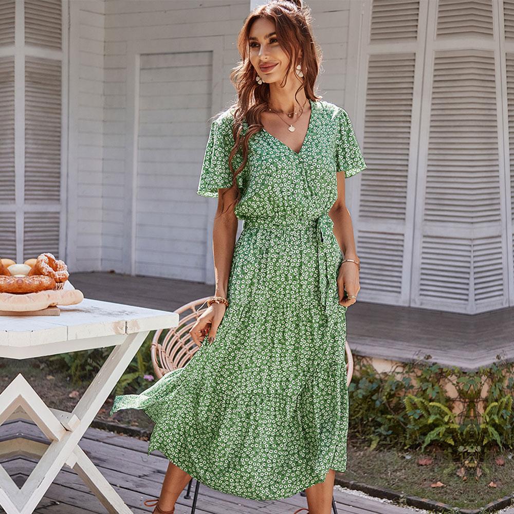 Vår Sommer Bandasje Print Kvinner Casual Kortermet Høy Wasit Floral Holiday Style Dame Lang Kjole