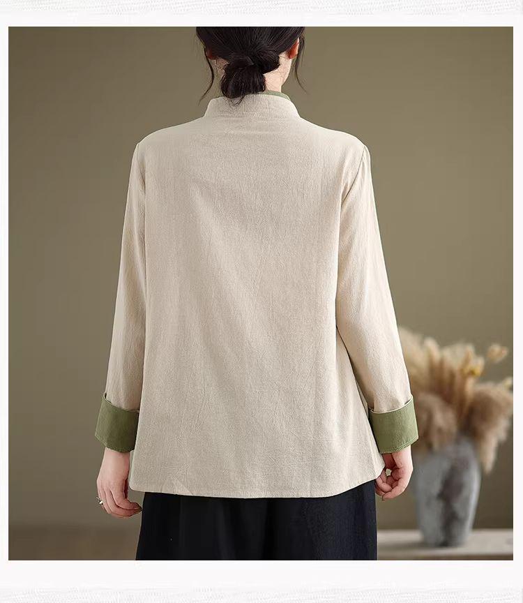 Plus Size Cotton Linen Zen Tea Shirt: Retro Chinese Style with Oblique Collar & Tie-up