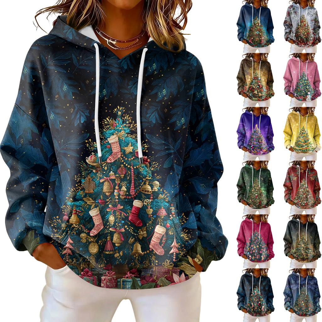 Women's Loose Comfortable Casual Fashion V-Neck Christmas Print Long Sleeve Hoodie