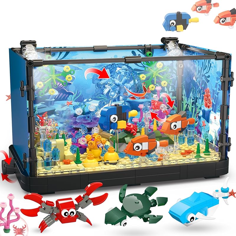 Fish Tank Building Block, Lighting Aquarium Building Sets for Adults and Kids Including Ocean Jellyfish, Dolphin, Turtle, Crab, Animal Building Toys Jellyfish