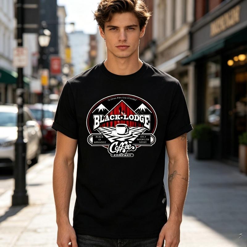 Retro Black Lodge Coffee Print TShirt Twin Peaks Cult TV Show Fan Gift Casual ONeck Short Sleeve Tee Shirt for Unisex and Unisex