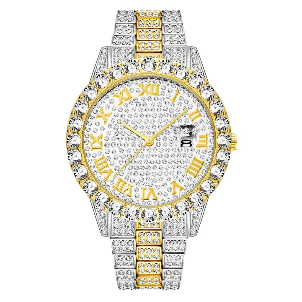 Neue Europäische Strass- und Stahluhr mit Hip Hop Cuban Armband